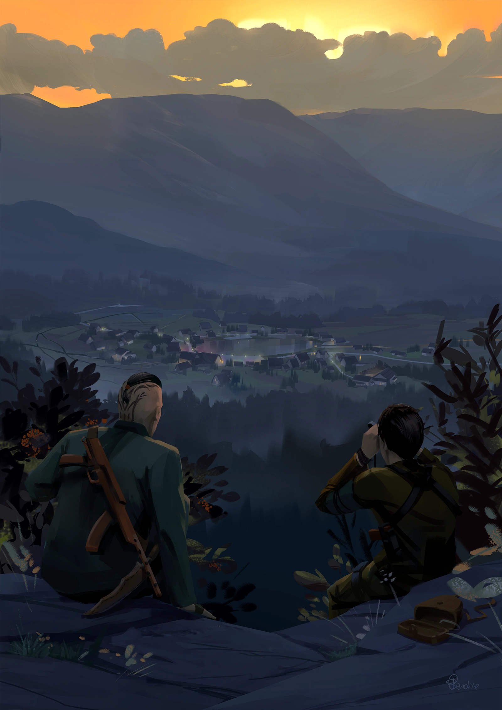 Seigen et Kōjirō surveillent le village d’Uchiyama à la veille de l'attaque. Image issue des «Aventures de Kanako Sawada» © Sandrine Pilloud, Lionel Tardy